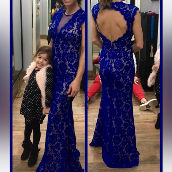 Betsy & Adam royal blue lace long evening gown black tie gala form fitting sz 0 - Picture 15 of 15